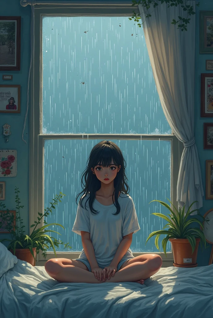 Portrait of a woman with deep sad eyes, long hair machine layer, wear white shirt and white skirt, sitting by the window in a cozy room looking out the window, chin on hand, looking far away at the soft light and light rain outside. she is lonely. Cô ấy cung song tử. Draw with a little soul