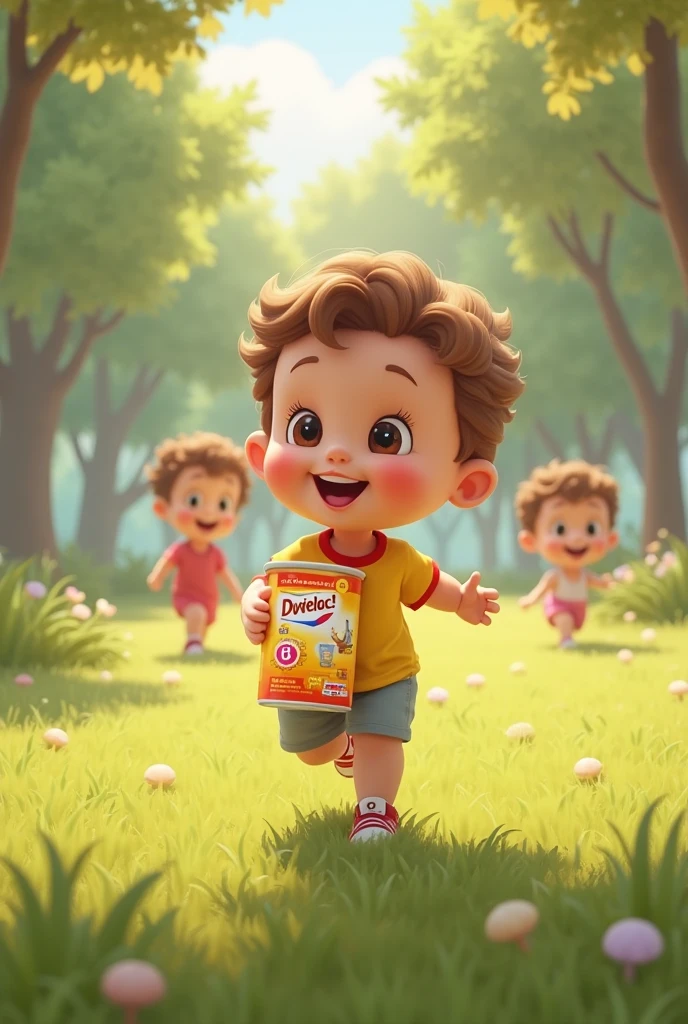 Picture of a very cute boy running and holding a pack of potato chips.