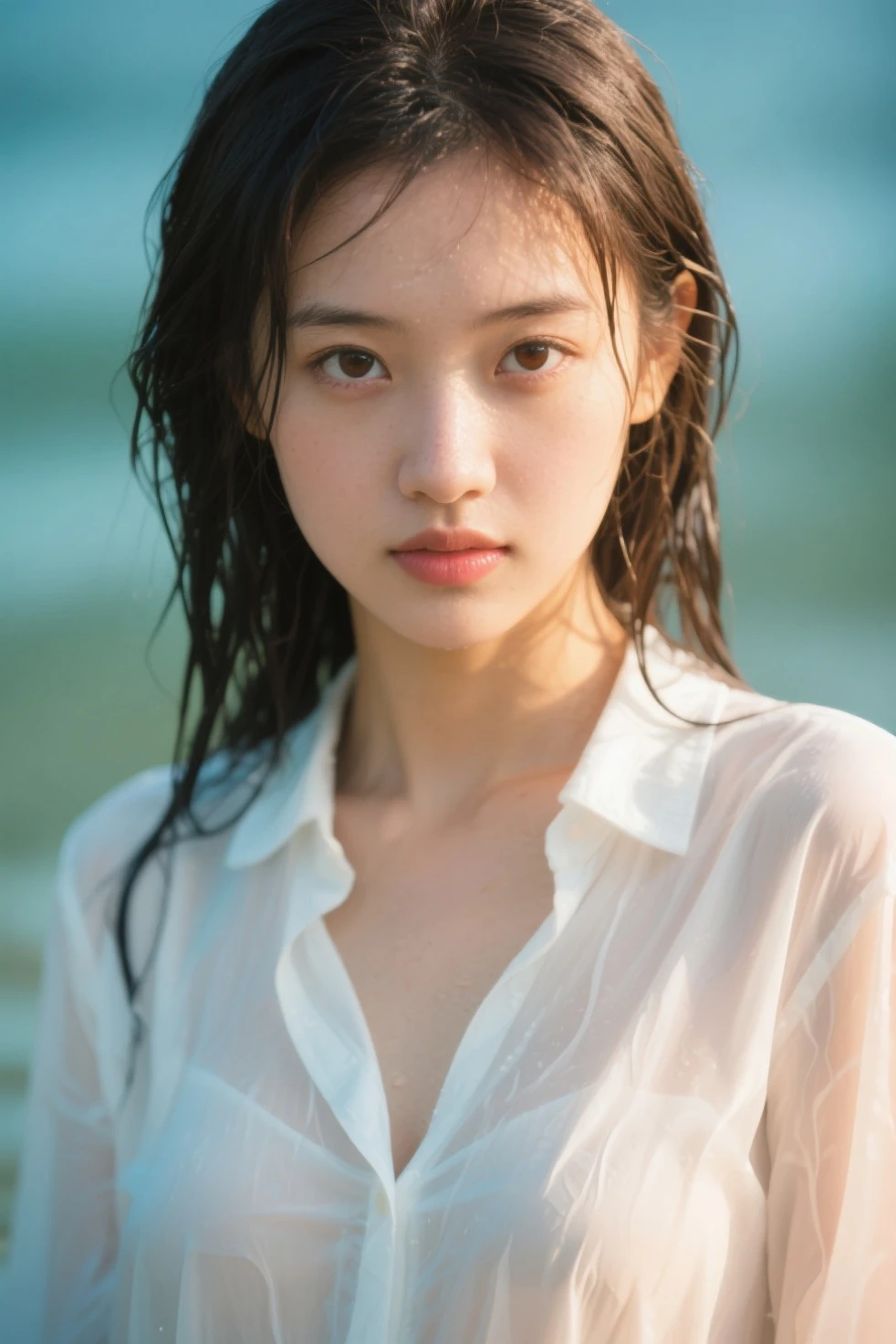 Highest image quality, masterpiece, super high:1.4), Number of photos, 1 girl in,Highly detailed facial and skin textures, exquisite eyes, lifelike eyes, 美丽exquisite eyes, (Realistic skin), attractive, super high清晰度, surreal, Very detailed, golden ratio, (Sweatshirt, water leakage, That'That'it'too dark, despair, Compassionate, poor, Light, big watery eyes, big watery eyes, (torn clothes: 1.5), ((wet clothes: 1.4)), Shoulder, True Rain, wet hair, ((South Korea, whole body))