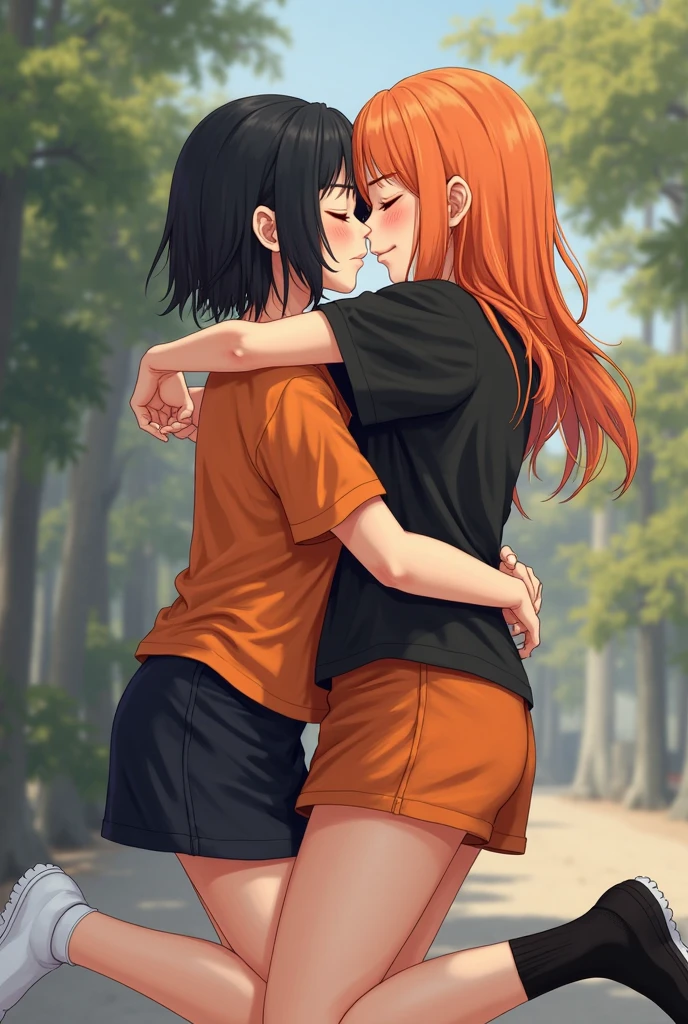 masterpiece, best quality, {best quality}, {{masterpiece}}, {highres}, {{{field field}}, extremely detailed couple, illustration, couple, 1boy, 1girl, couple, love, love, romantic, sharp focus, male focus, female focus, black hair, both long hair, violet eyes, sun, sunlight, lifting, t-shirts, men's leisure clothes, expressionless, women's fashion, forest, kiss, kisses, orange sky, affection, passion --auto --s2