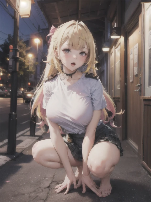1 Girl, Tokyo Street,night, Streetscape,City lights,Whole body 1.4,close,smile,, (8K, Raw photo, highest quality, masterpiece:1.2),(Realistic, photo-Realistic:1.37),White camisole,mini skirt,sit,Panty Shot,White panties,While wearing a skirt,Lift the skirt yourself,