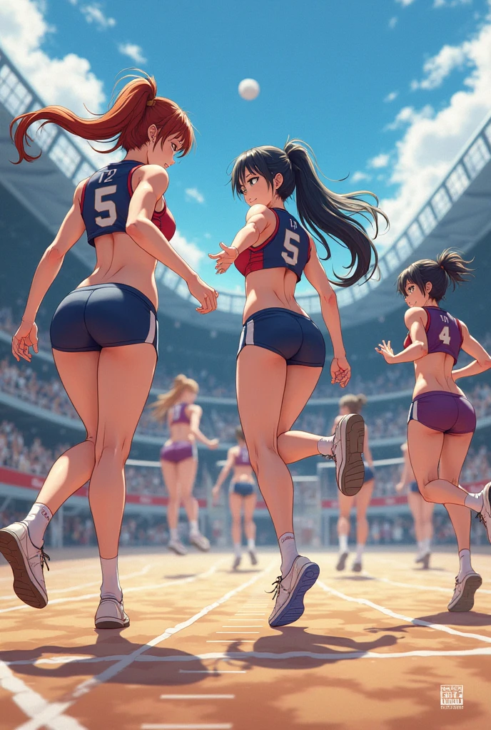 ((highest quality)), ((masterpiece)), (be familiar with), Athletics, (Two female track and field athletes standing side by side)、((on your mark:1.2))、((Crouching Style))、((Rear view of two people:1.2))、(Athleticsのユニフォーム)、((Sticking out her butt))、((hip up head down:1.2)), (Sweat), covert photography、(Low angle shot from directly behind)、((Close-up of two people's buttocks:1.2)), (crotch peek:1.3), mangaコマ割り、Manga style、manga、(Athletics場のコース)、