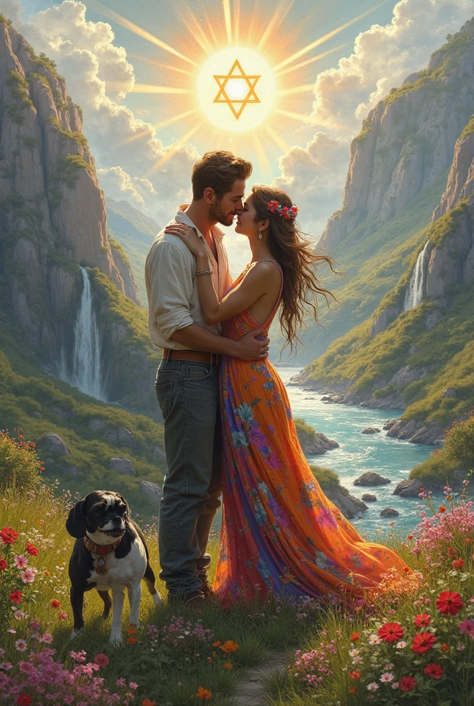 beautiful sunset, hindu temple, newly married south indian couple in traditional saree and doti outfit, decorative flower garland in thier neck, BREAK (masterpiece, best quality:1.2), outdoors, nature, forest, pines, grass, tall grass, detailed grass, plants, day, clouds, flower 