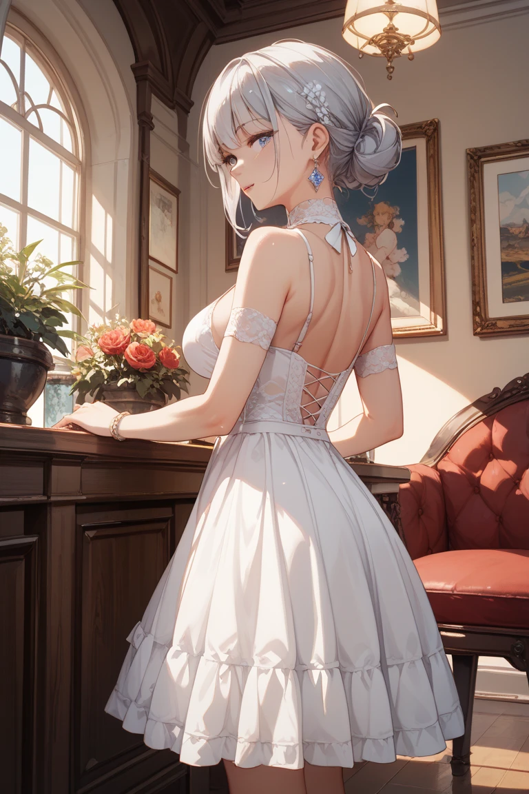 Yorha, a beautiful girl, cabelos azul, cabelo longos, vestido curto justo ao corpo