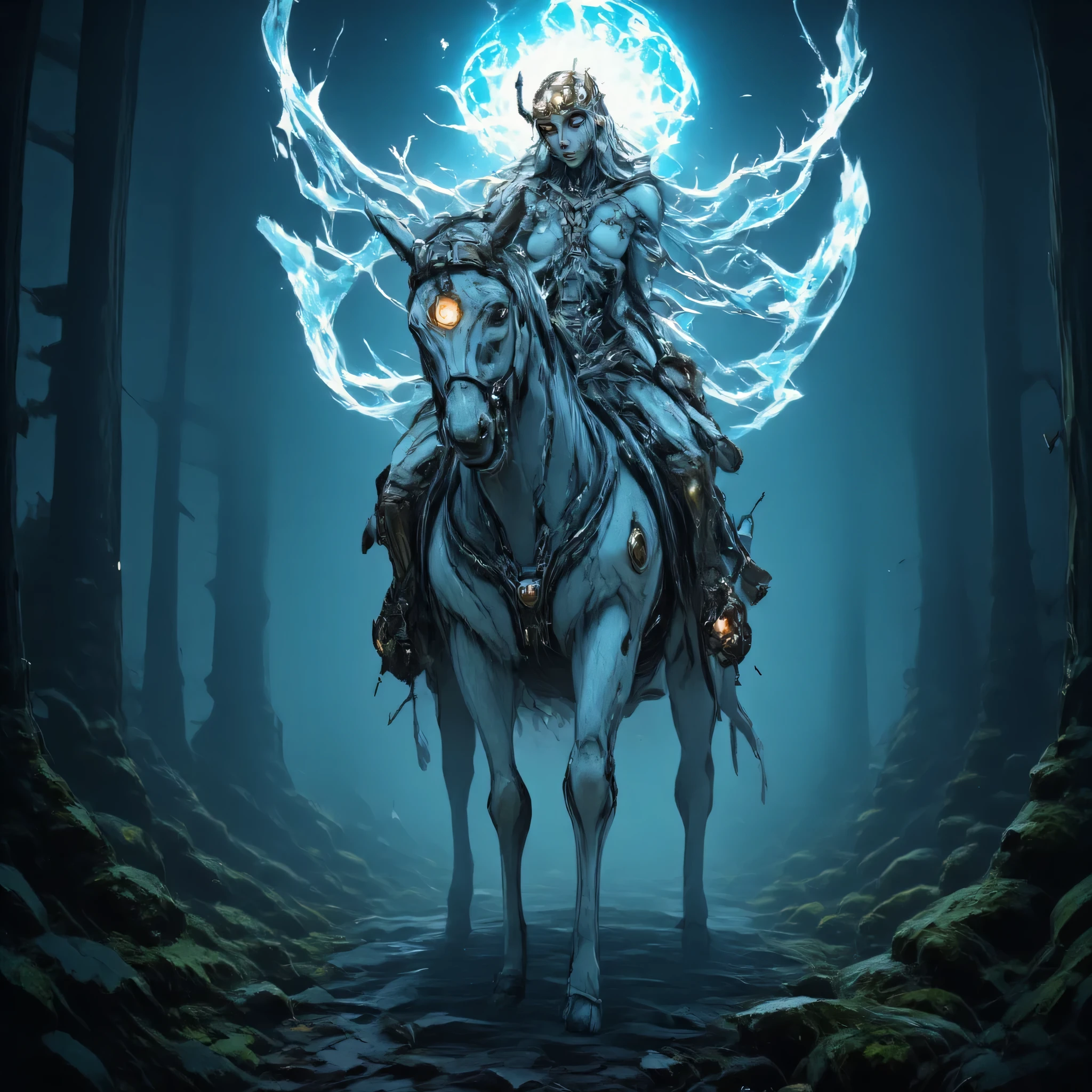 "Ethereal spectral scene in a haunted forest: A ghostly Nazgûl rides his phantom steed through the mist-shrouded woods, both figures composed of swirling fog and pale blue witch-light. The wraith-king wears a tarnished spectral crown that flickers between existence and nothingness, his form suggesting fragments of what might have once been armor - a pauldron here, a gauntlet there - but always dissolving back into the mist. His horse's eyes burn with cold fire, hooves leaving no prints on the moss as its semi-transparent form moves soundlessly between the ancient, gnarled trees. Moonlight filters through their incorporeal bodies, illuminating swirling patterns in the fog where they pass. The air hums with a silent scream, and the very shadows seem to recoil from their presence. Hyper-realistic ghostly textures with an ominous, dreamlike quality - as if the viewer might blink and find them vanished."
