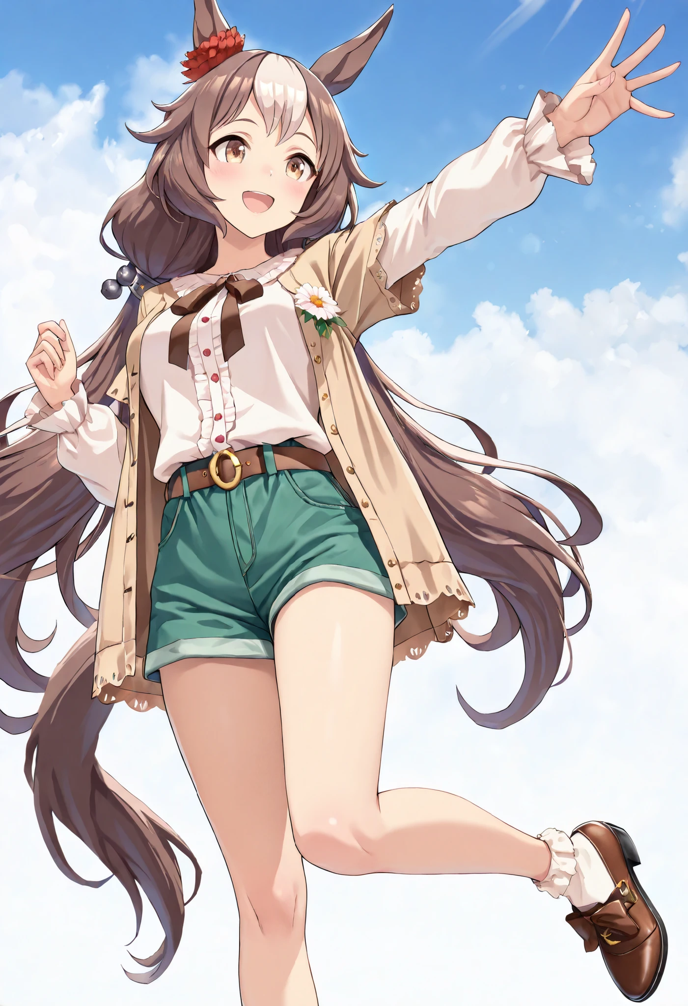 (masterpiece, best quality, perfect face:1.4), wide angle, yamanin zephyr \(umamusume\), 1girl, horse ears, red ear ornament, horse tail, tail on the lower back, proportional body, proportional, beautiful hair, beautiful face, beautiful detailed eyes, beautiful clavicle, beautiful body, beautiful chest, beautiful thigh, beautiful legs, beautiful fingers, BREAK, ankle socks, brown footwear, brown short sleeves jacket, flower badge, brown ribbon, long sleeves white shirt, green shorts, brown belt, casual, BREAK, blush happy smile (open mouth), textured skin, realistic skin, HDR, BREAK, good hands,