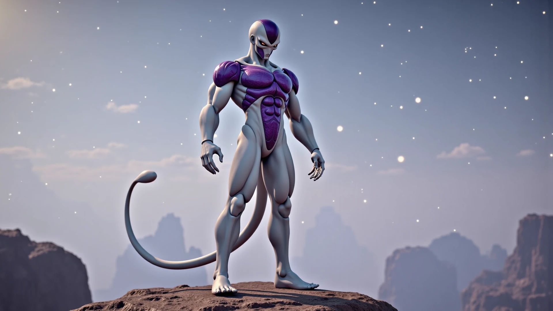 masterpiece, best quality, frieza, 1boy, clenched hands, earth \(planet\), full body, looking at viewer, male focus, tail, planet, red eyes, solo, space <lora:Frieza:1>