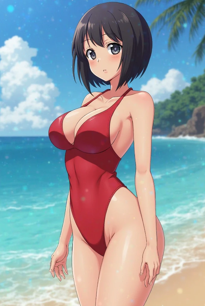 Cute Japanese 50 year old woman、short hair、VFront swimsuit