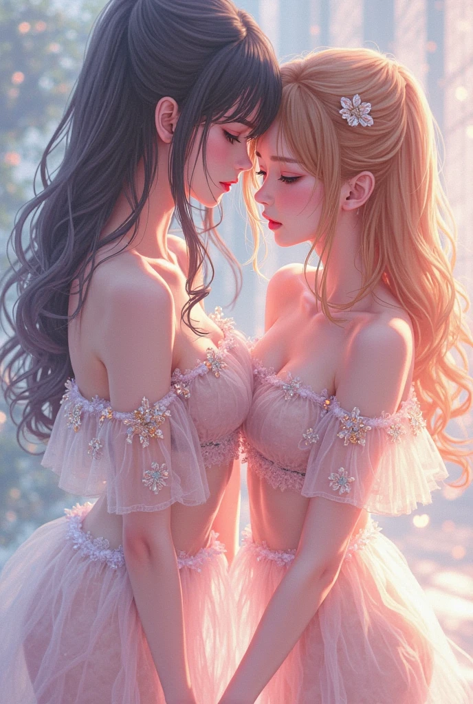 fantastic realism, bokeh, ultra detailed, 2 girls touching each other private parts with countenances of crying and pleasure