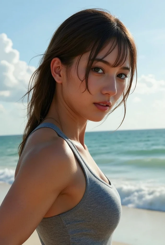 Supergirl, 29 years old、Height: 152cm, in desert, midday, hair tied, Supergirl Afraid, Supergirl was sweating wet, Wearing a tank top Supergirl costume, Hair bangs, Supergirl's costume is torn, face Supergirl is injured, supergirl defeated, Frightened expression, Look up, Sweating profusely, wet sweat