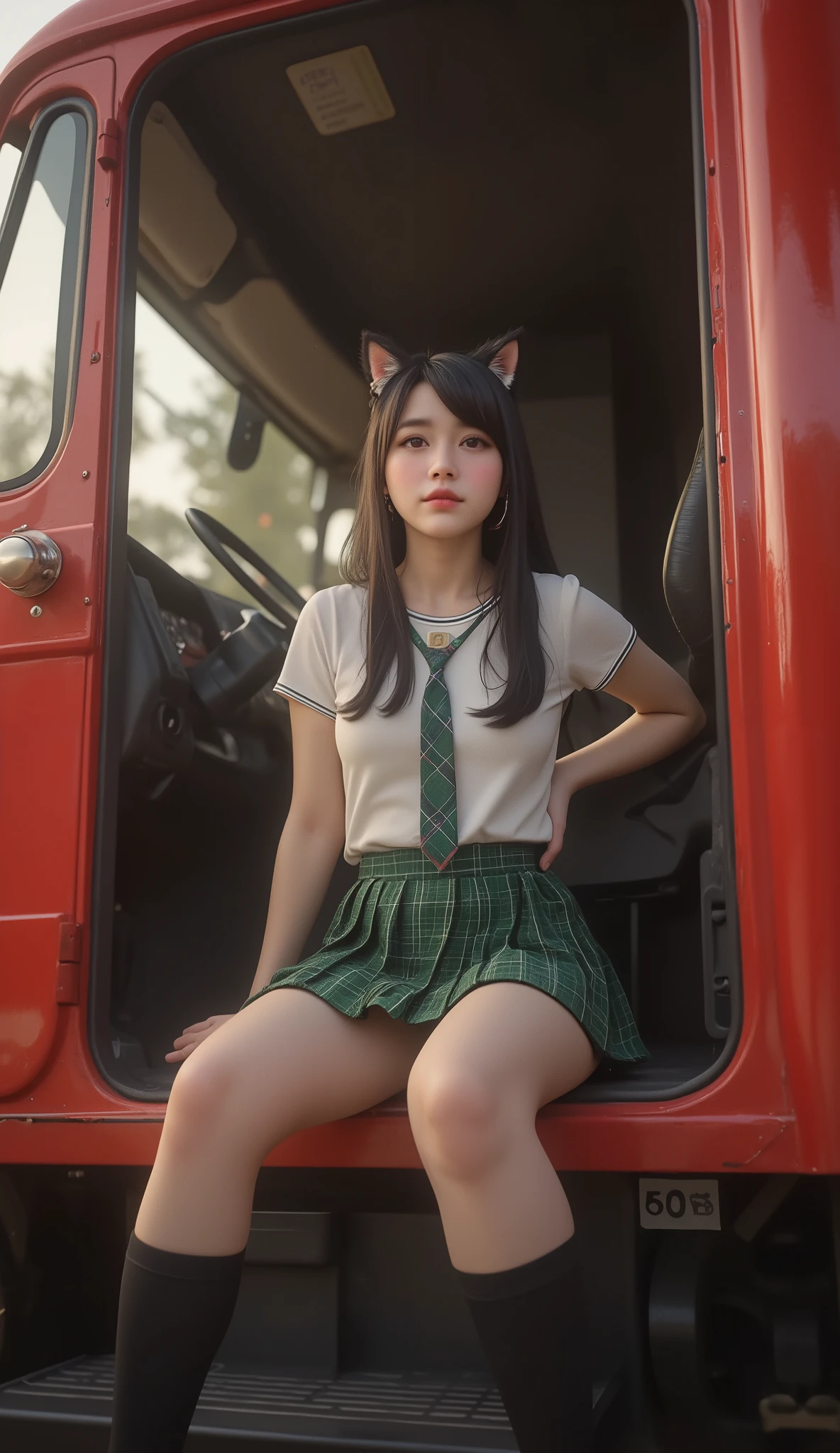 (full body shot:1) photorealistic image of a (sitting pose:1) ultrarealistic, semi realistic, cinematic lighting, masterpiece, (perfect lighting:1.4), expressive! Exposed, (((nsfw, uncensord))), source_photo, source_anime, 8k, highest definition, RAW photo, DSLR, ultra-detailed, picture-perfect, best quality, detailed shading, depth_of_field, cinematic lighting, ((dynamic view)), (hyperrealistic:1.2), photography, long curl cute black hair, cat ears, woman, 24 years old, hourglass figure, perfect body, seductive look, natural medium breasts, blur background, she is sitting in the passenger side inside of a huge red 16-wheeler truck, she wears a hoop earrings, college girl (blonde long-cut hair, green eyes) in uniform, (green plaid pleated skirt), (see-through white blouse), (green tie), (thigh high socks), ((petite)), wolf ears, sitting on floor, baack agaist wall, legs parted, cinematic lighting, dynamic angle, light rays, volumetric lighting, concept art,Fantasy detailers,Thriller illustration haunted doll,REALNIME, cleavage, he has long eyelashes and cat eye make-up, soft smile, stretched pussy, sensual fuck, riding cock, wet crotch, wet anus, grinding on cock, ass spread, size difference (moist skin), (sweaty skin:1.2), super detail, ((transparent liquid flowing only from vagina, soaked dripping:1.35)), pussy juice