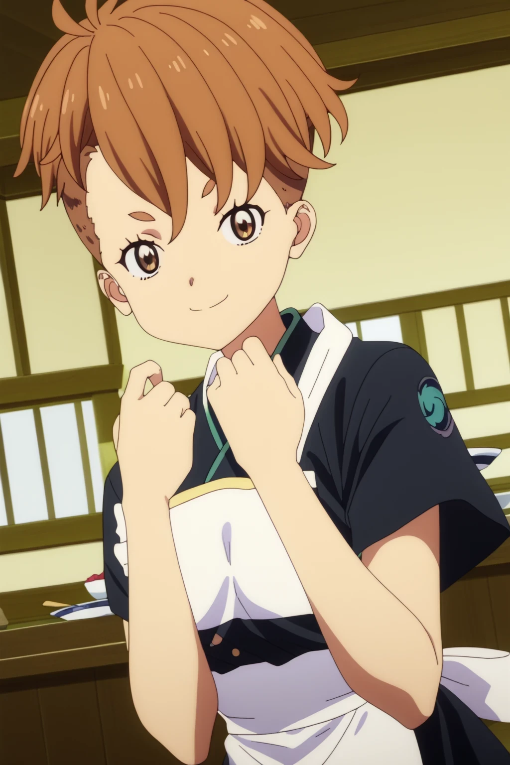 score_9,score_8_up,score_7_up,score_6_up,score_5_up,score_4_up,source_anime,(1girl:1.5), masterpiece,absurdres,highres,highest quality,Super detailed,32K,High resolution,an extremely delicate and beautiful,Official Art,Perfect Anatomy, (Contrasting colors,octane rendering,Fully painted,anime coloring,anime screencap,Cel-shaded anime,retro artstyle,1990s \(style\),90s anime,90s anime style,:1.25), perfect face,ultradeTailed eyes,beautiful,sexy,supermodel,athletic body,shiny skin,Dramatic light,(scale to fit the dimensions:1.2),((sakura otome, short hair, bangs, brown hair, brown eyes, medium breasts, japanese clothes,kimono,apron,waist apron,blue kimono,waitress,indoors,bent over,looking at viewer,cowboy shot,dutch angle,solo:1.52)),((cowboy shot:1.5)),smile,