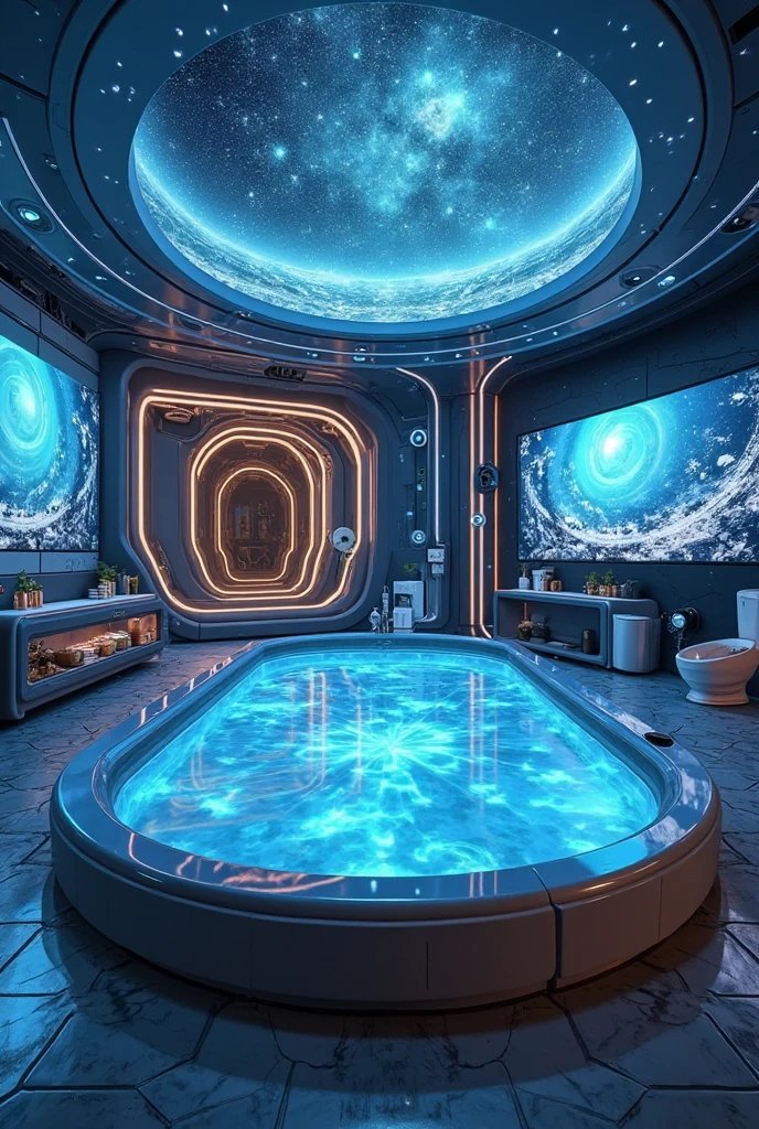 barefoot wet thicc fitness model with her wet body after a dive, bathing inside glowing pool indoors of spaceship. the glittery sky outside of the ship can ben seen through a window in the background and, together with exotic neon flora and bioluminescent plantlife, cast striking bounce light on her wet form in the dark dimly lit room, the caustic reflections of the pool bounce dappled light dramatically on her wet skin. (at the edge of the pool, is a pair of heels made of glass).   stark contrast, sharp details, fine details, detailed background, dynamic, scenic, perspective,  composition, rule of thirds, cinematic, detailed face, detailed body