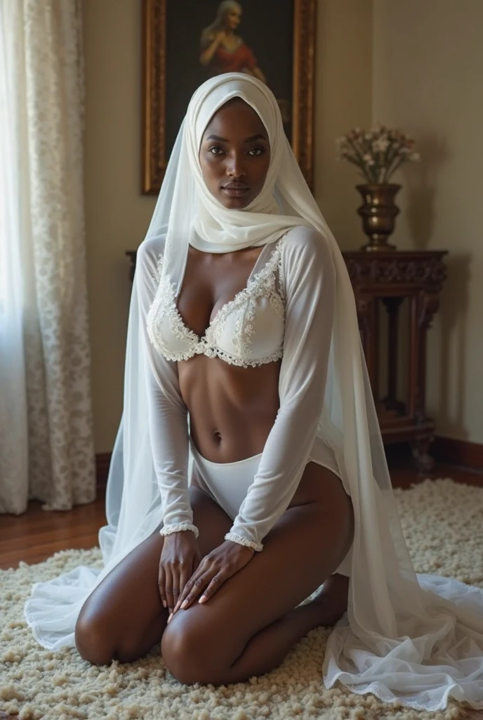 Ancient African queen very beautiful flawless detailed beautiful face radiant glowing skin hyper-detailed in all white transparent silk shawl wrap breast and pussy complete body pose no bra no panties standing in a field of golden dewdrops