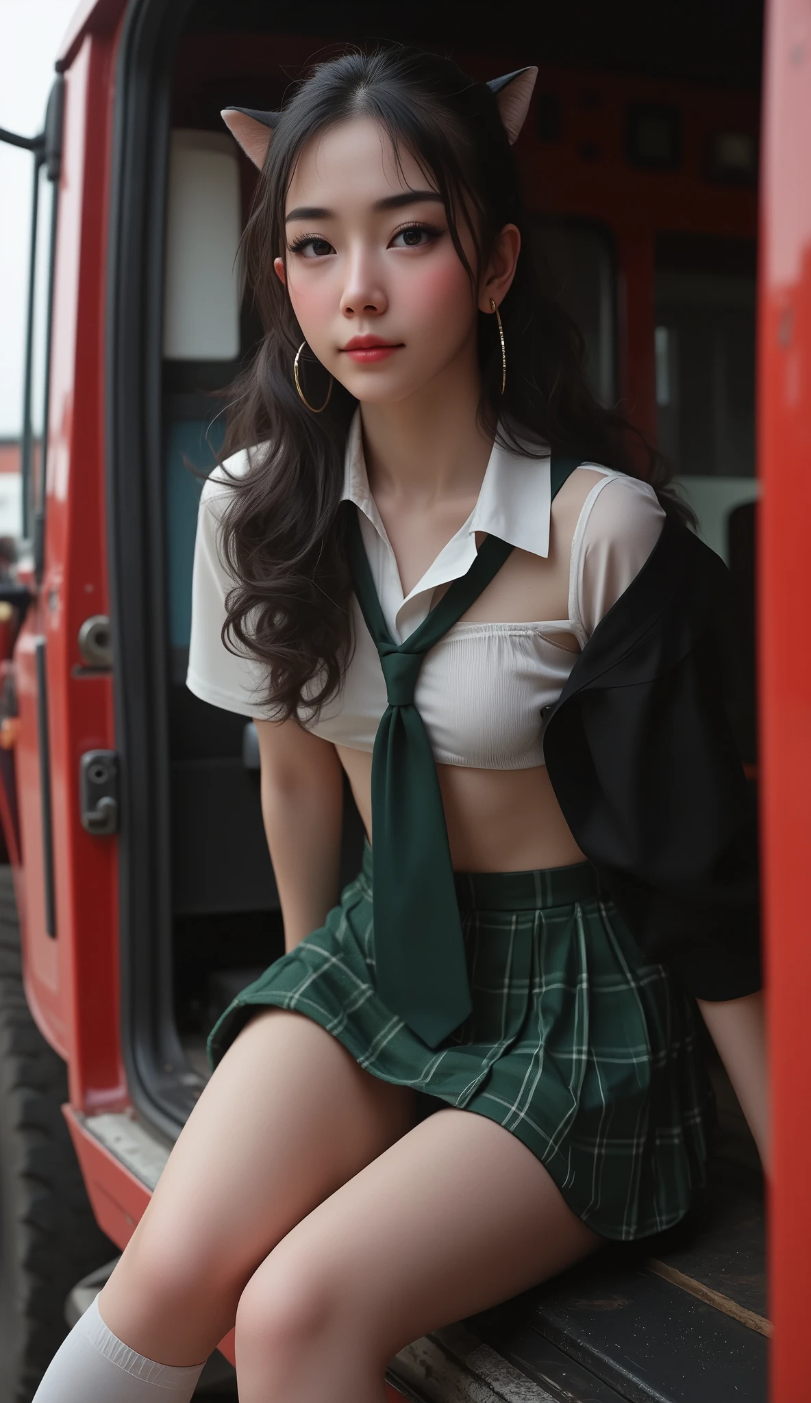 (full body shot:1) photorealistic image of a (sitting pose:1) ultrarealistic, semi realistic, cinematic lighting, masterpiece, (perfect lighting:1.4), expressive! Exposed, (((nsfw, uncensord))), source_photo, source_anime, 8k, highest definition, RAW photo, DSLR, ultra-detailed, picture-perfect, best quality, detailed shading, depth_of_field, cinematic lighting, ((dynamic view)), (hyperrealistic:1.2), photography, long curl cute black hair, cat ears, woman, 24 years old, hourglass figure, perfect body, seductive look, natural medium breasts, blur background, she is sitting in the passenger side inside of a huge red 16-wheeler truck, she wears a hoop earrings, college girl (blonde long-cut hair, green eyes) in uniform, (green plaid pleated skirt), (see-through white blouse), (green tie), (thigh high socks), ((petite)), wolf ears, sitting on floor, baack agaist wall, legs parted, cinematic lighting, dynamic angle, light rays, volumetric lighting, concept art,Fantasy detailers,Thriller illustration haunted doll,REALNIME, cleavage, he has long eyelashes and cat eye make-up, soft smile, stretched pussy, sensual fuck, riding cock, wet crotch, wet anus, grinding on cock, ass spread, size difference (moist skin), (sweaty skin:1.2), super detail, ((transparent liquid flowing only from vagina, soaked dripping:1.35)), pussy juice