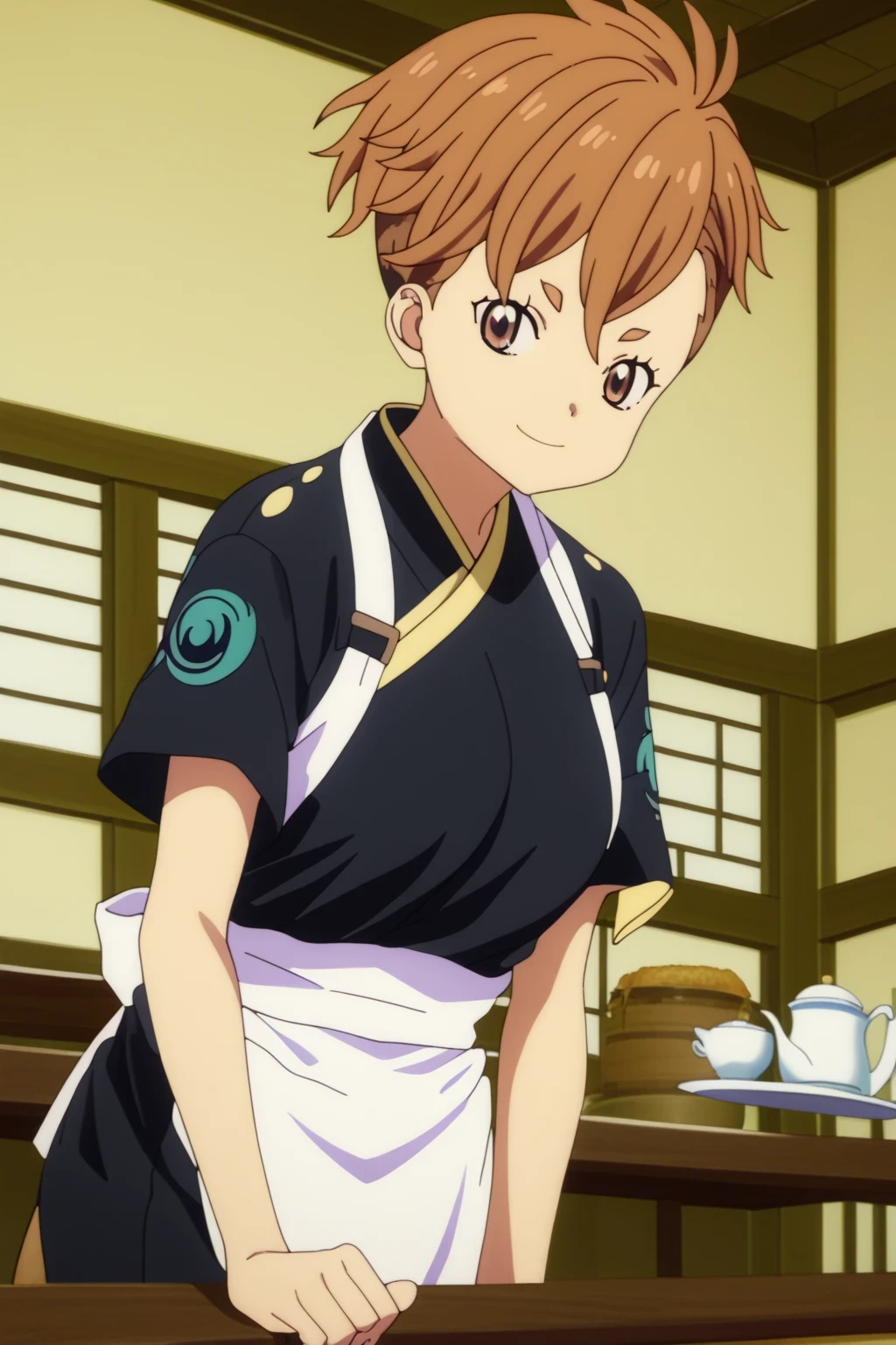 score_9,score_8_up,score_7_up,score_6_up,score_5_up,score_4_up,source_anime,(1girl:1.5), masterpiece,absurdres,highres,highest quality,Super detailed,32K,High resolution,an extremely delicate and beautiful,Official Art,Perfect Anatomy, (Contrasting colors,octane rendering,Fully painted,anime coloring,anime screencap,Cel-shaded anime,retro artstyle,1990s \(style\),90s anime,90s anime style,:1.25), perfect face,ultradeTailed eyes,beautiful,sexy,supermodel,athletic body,shiny skin,Dramatic light,(scale to fit the dimensions:1.2),((sakura otome, short hair, bangs, brown hair, brown eyes, medium breasts, japanese clothes,kimono,apron,waist apron,blue kimono,waitress,indoors,bent over,looking at viewer,cowboy shot,dutch angle,solo:1.52)),((cowboy shot:1.5)),smile,