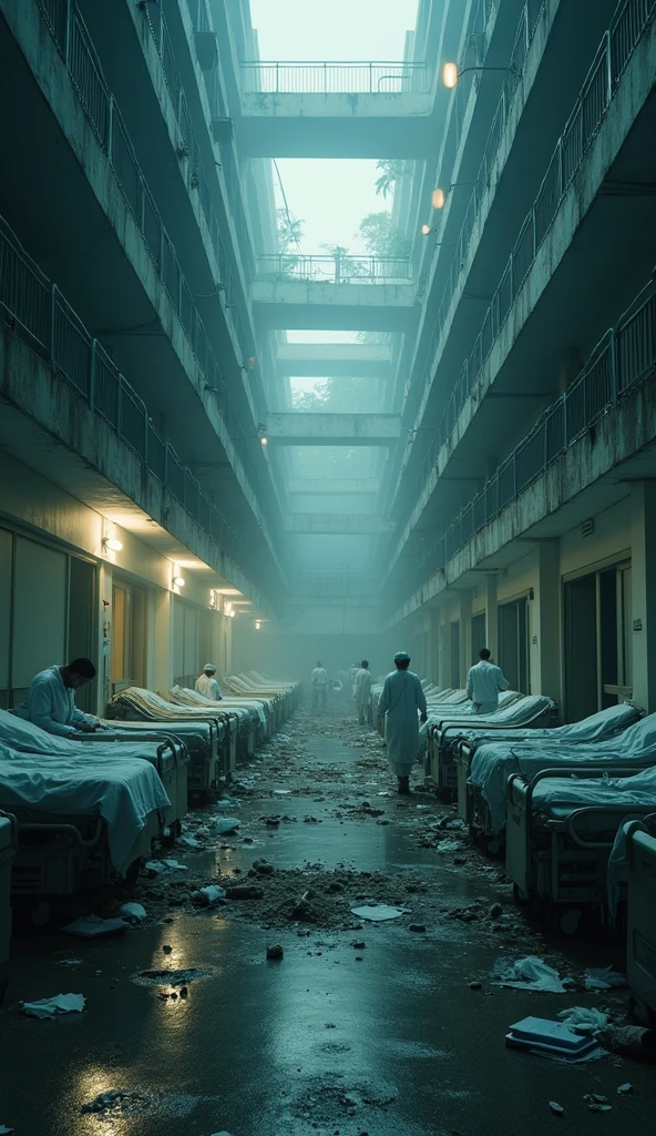 a clean, bright hospital contrasted with a dark, dirty environment filled with sick people make it little more dirty

