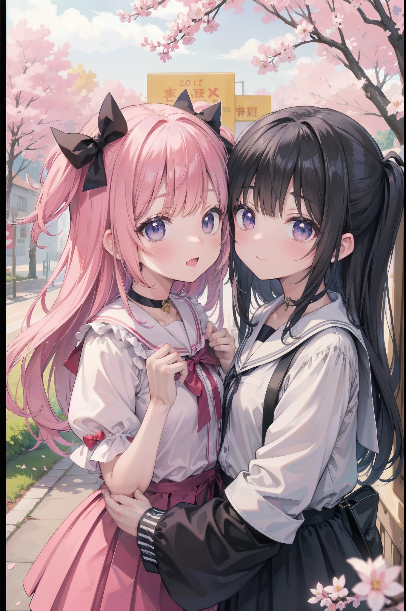 ,2girls, eyecatch, 1.15::rating:general::, no text, amazing quality, best quality, very aesthetic, absurdres, Digital illustration, anime style, year 2024, upper body, three quarter view, location, outdoors, spring, cherry blossoms, road, -2::halftone::, -2::photo background::, inset border, (半袖の夏服のセーラー服:1.4),
(ミニスカート:1.3),
Black ribbon choker with sakura charm,
blending mischievous allure with springtime charm,
BREAK
(face close-up:1.4), (NSFW:1.3), (金髪碧眼), カチューシャ, (flat chest:0.8), (青空:1.5),