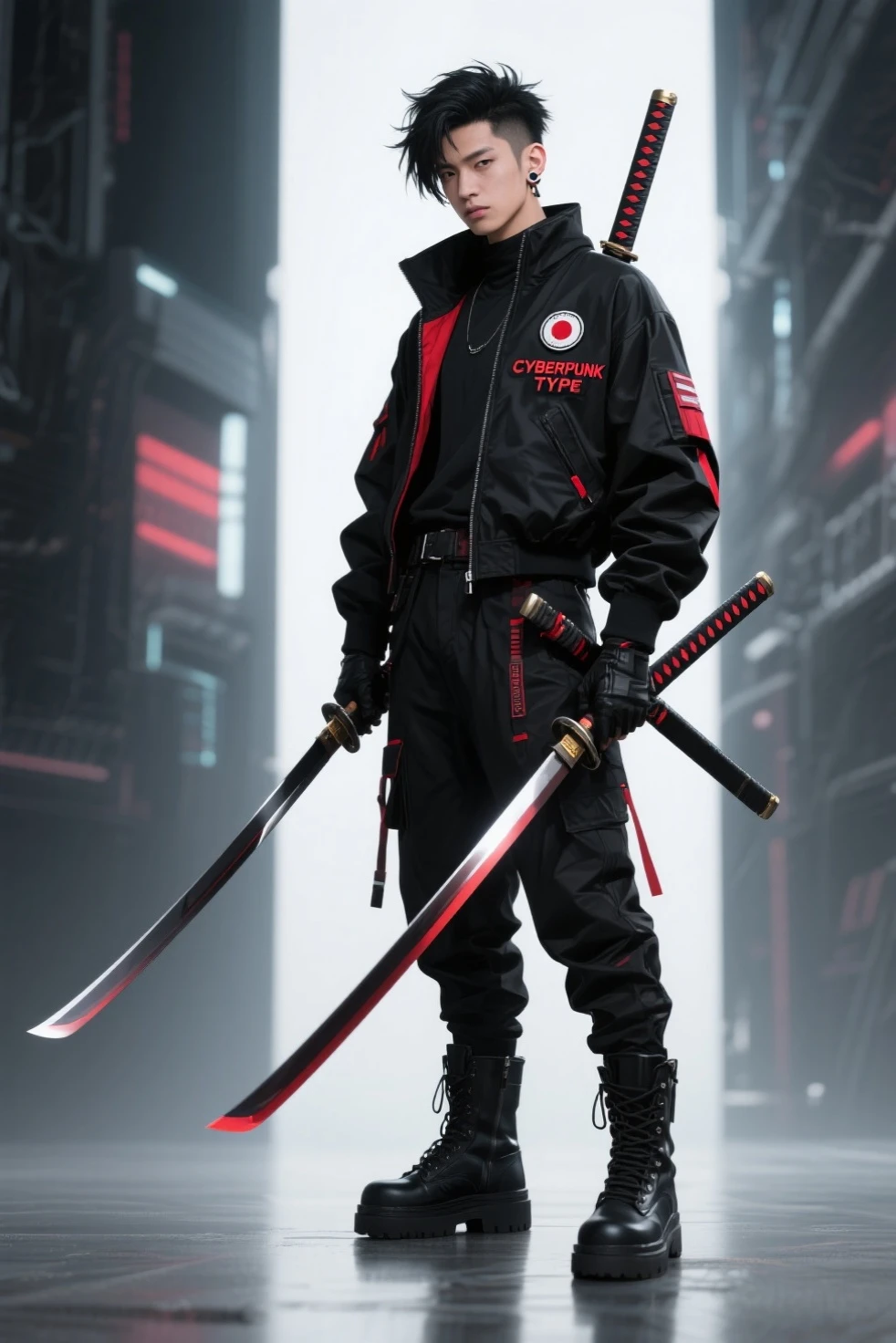 Male character with straight white hair combed back and to the sides, black mask with red details and orange prison shirt with blood on the left shoulder and fire in the eyes