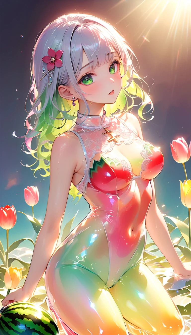 (masterpiece), best quality, expressive eyes, perfect face, (((1 young woman))), (((solo))), breasts, (((cyan eyes))), (((lush tropical background))), (((white hair))), (((flushed face))), ((((((green skin)))))), (large breasts), (thick thighs), (((standing))), (((facing the camera))), (((hands behind))), (((long flowing hair adorned with green leaves and pink flowers))), (((revealing nature-themed outfit))), (((short sleeveless tight dress on the body))), (((clevage))), (((heart-shaped neckline))), which is also decorated with leaves and flowers. Little magical blue lights float around you, adding a mystical aura to the scene. In the background is a serene body of water, possibly a lagoon, surrounded by a variety of tropical plants and flowers under a moonlit sky. The setting suggests a tranquil and exotic location, possibly a fantasy setting.