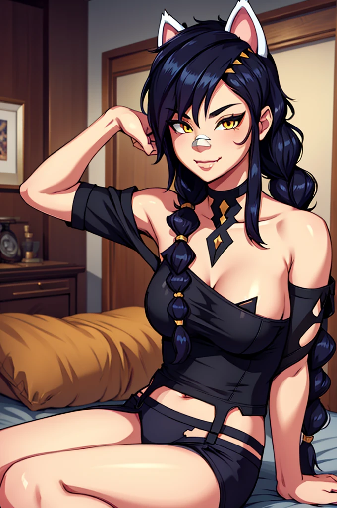 Erisa, 1girl, solo, long hair, looking at viewer, black hair, bandaid on face, yellow eyes, animal ears, smile, bandaid on nose, braid, cat ears, bandaid, bangs, breasts, fake animal ears, bedroom background, fang, bare shoulders, scar, bare shoulders, closed mouth, hair over one eye, portrait, hair over shoulder, legs, lingerie, bedroom, seductive, realistic, highly detailed face, detailed eyes, best quality, masterpiece, ultra detail, ultra high res, extreme detail, 8k, uhd