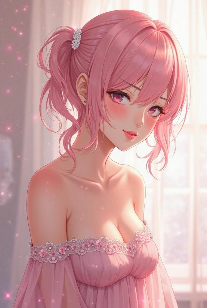 (pastel color palette), detailed aqua eyes, pink hair, (aqua eyes), Official art, Unity 8k Wallpaper, Ultra-detail, Beautiful and aesthetic, masterpiece, Best Quality, 1girl, ((big tits)), Extremely detailed, elegant, vivd color, romanticism, arms behind back, shiny skin, heavy blushing, upper body, straight on, (cleavage), funky graphic design, (((anime style))), portrait, shy, sweer, adorable
