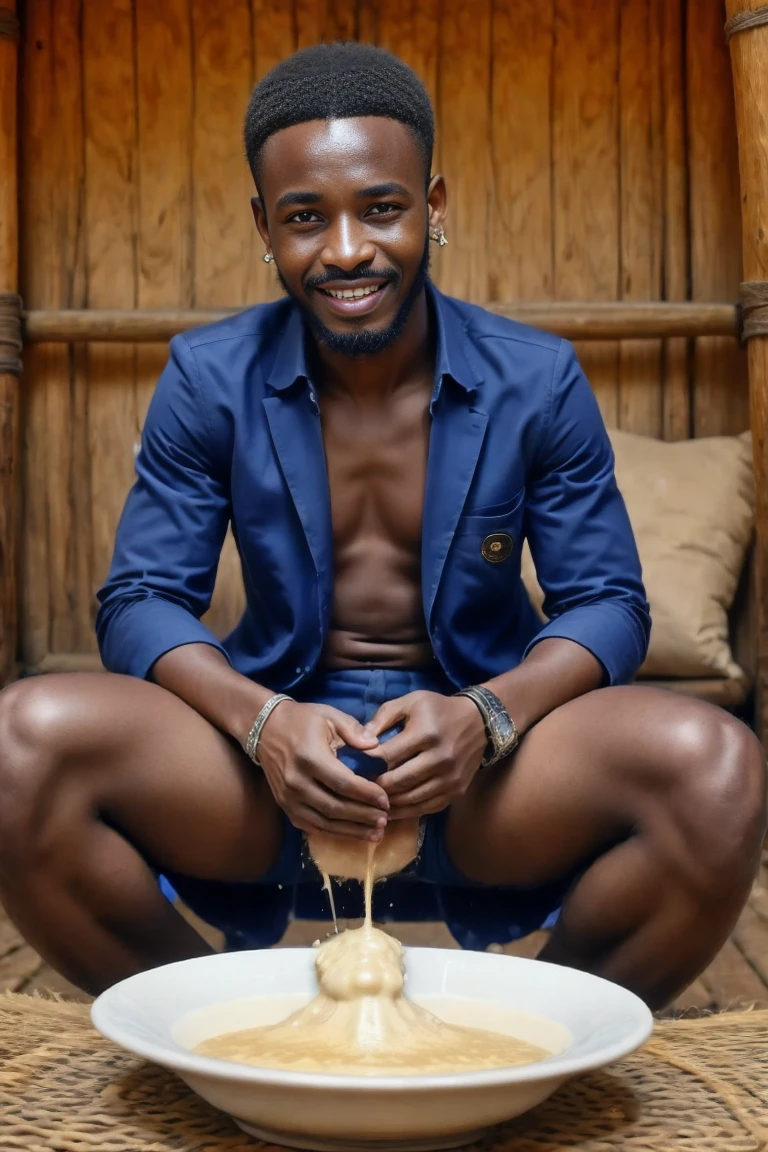 African guy who wear thin thong. Seating on chair. His one hand is up 