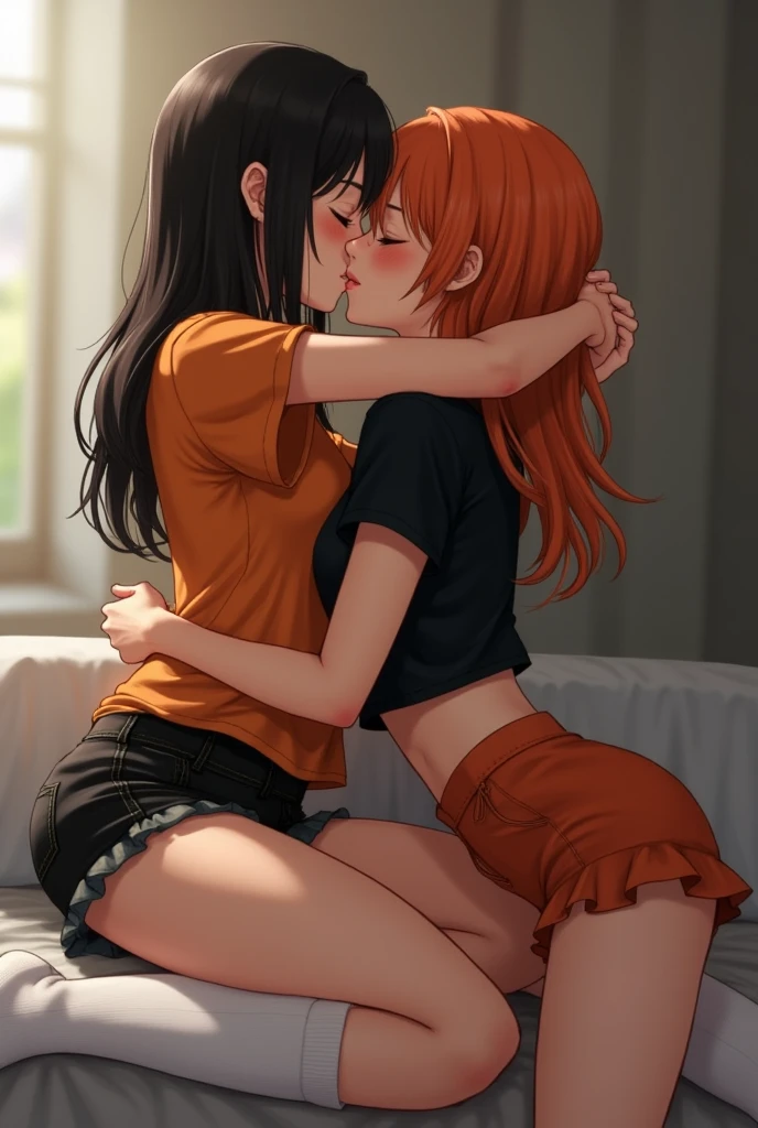 2girls,hug,kiss, lesbian,Nishikino maki, Purple eyes,((short red hair)), blouse, white shorts, brown pantyhose, (midriff:0.8), (lips:0.7), llchar, against wall, grabbing another ass, saliva swap