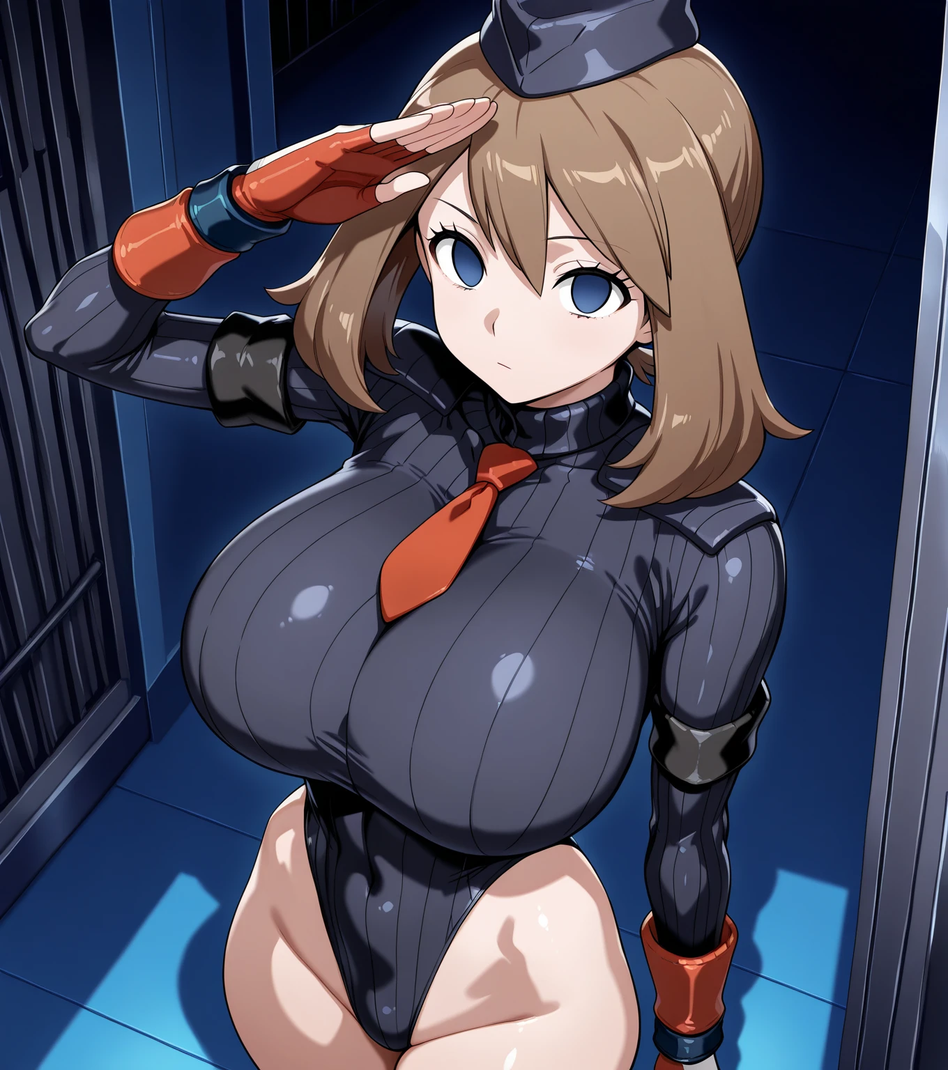 ultra-detailed, Explicit, Beautiful body, Beautiful Nose, Beautiful character design, perfect eyes, perfect face, ultra highres, 4K, beautiful legs, perfect legs, Nice hands, Perfect hand, Masterpiece, Best Quality, Highly detailed, illustration, absurdres, street fighter, doll suit, shadaloo doll, dollsuit, expressionless, blank eyes, looking at viewer, red gloves, emotionless, black latex, corrution, mind control, female combatant, full body, hypnotized, unhappy trance, full body suit, ribbed bodysuit, both arms at side, obey, perfect female body, extremely glossy latex, hypnosis, hypnoLora, empty eyes, Mind control device, poses, submissive_pose, Slave, hat, necktie, stand up straight, standing, standing at attention, hat, necktie, belt, latex, ribbed bodysuit, thighhighs, garter belt, Fighting Stance, extending the right arm from the shoulder into the air with a straightened hand, nazi saluting, military, military saluting, salute, thigh boots, 1girl, Strike Witches, orange hair, blue eyes, long hair, Shirley, Charlotte E. Yeager, large breast