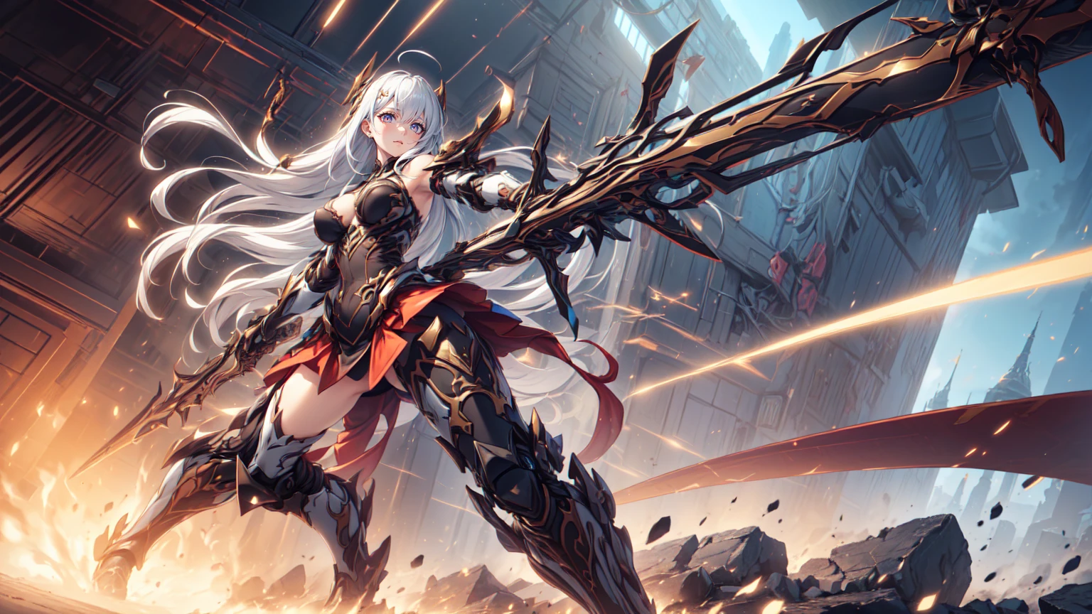 <lora:XL_Weapon_Battleaxe_-_By_HailoKnight:0.8>,wielding a battleaxe,from below,smashing,fighting stance,1girl,, (masterpiece, best quality, high quality, highres, ultra-detailed),