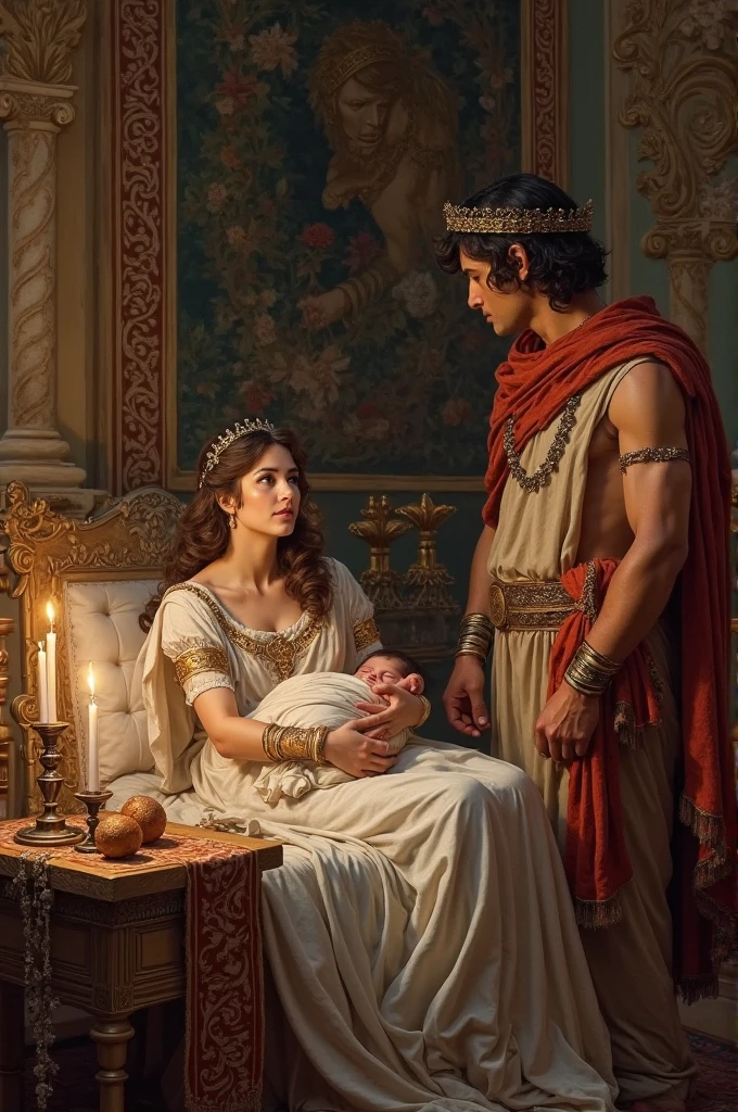 king Priam of Troy (age 35) with his Queen (age 25), sitting on bed with a newly born in her lap, both have a serious face, sad moment, best quality, 8k, cinematic