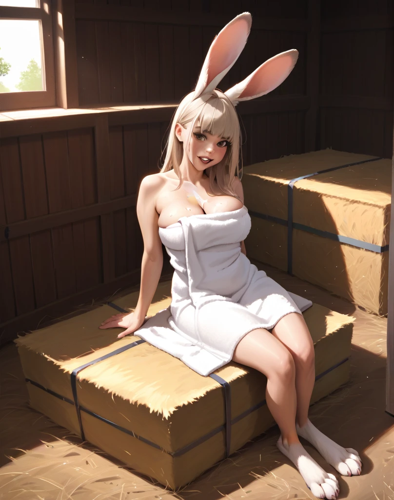 masterpiece, best quality, 1girl, White hair, red eyes, bunny head band, short hair,blush,solo,beauty,girl,photorealistic,(naked),standing,(no panty),slender,sexy pose