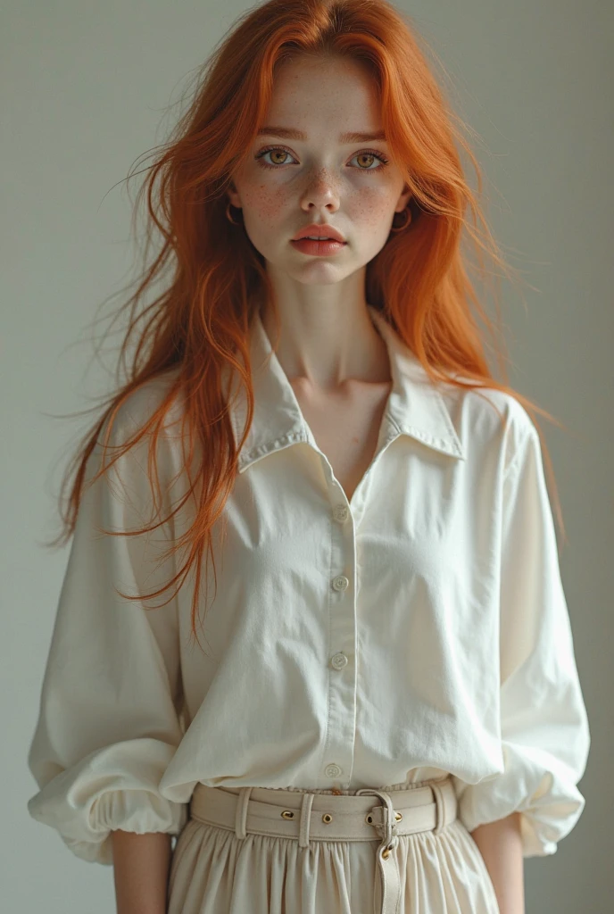 "Realistic portrait of a young woman with straight red hair, combed back with bare forehead. She is wearing an elegant white blouse that highlights her slim figure.. It is in a minimalist interior environment, with soft natural light illuminating her face. His expression is calm and thoughtful., looking slightly to one side, highlighting her impeccable hairstyle and the serenity of the scene.