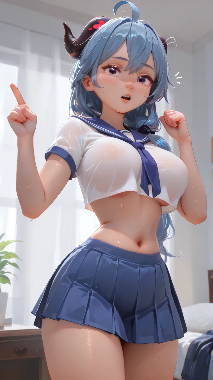 masterpiece、highest quality、High resolution、bright lighting、1girl、very young girl、heart shaped pupils、light blue hair、Braid、(evil grin)、plump thighs、(perfect feet)、(CFMN), ((femdom)), panties、mini skirt、erect pink nipples, T-shirt, small breasts, Seduce in a sexy and cute way、standing、(((angle from below)))、