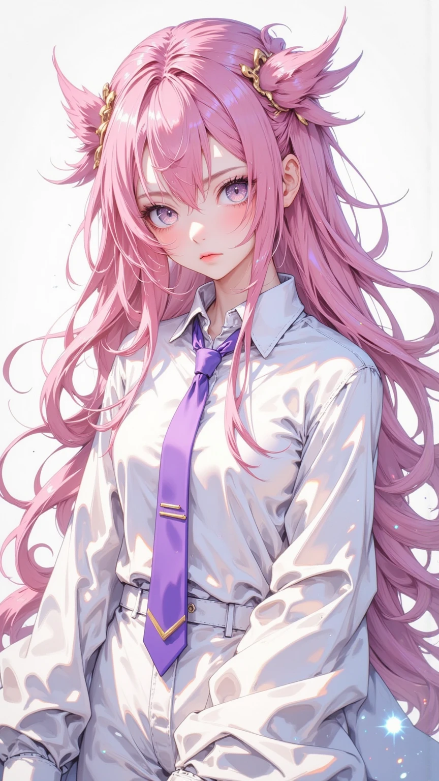 {{Reality}},{{sketch}}, {{painting}},Long hair, gradient hair color ,{{best quality}, {{masterpiece}}, {high resolution}, original, Extremely detailed wallpaper, {Extremely Exquisite Beauty},1girl,An adult lady , Extremely detailed ,Pink Hair ,Messy Hair,Handsome,{White business suit},{tie},{White Trousers}, dramatic angle ,{Magazine},depth of field,,