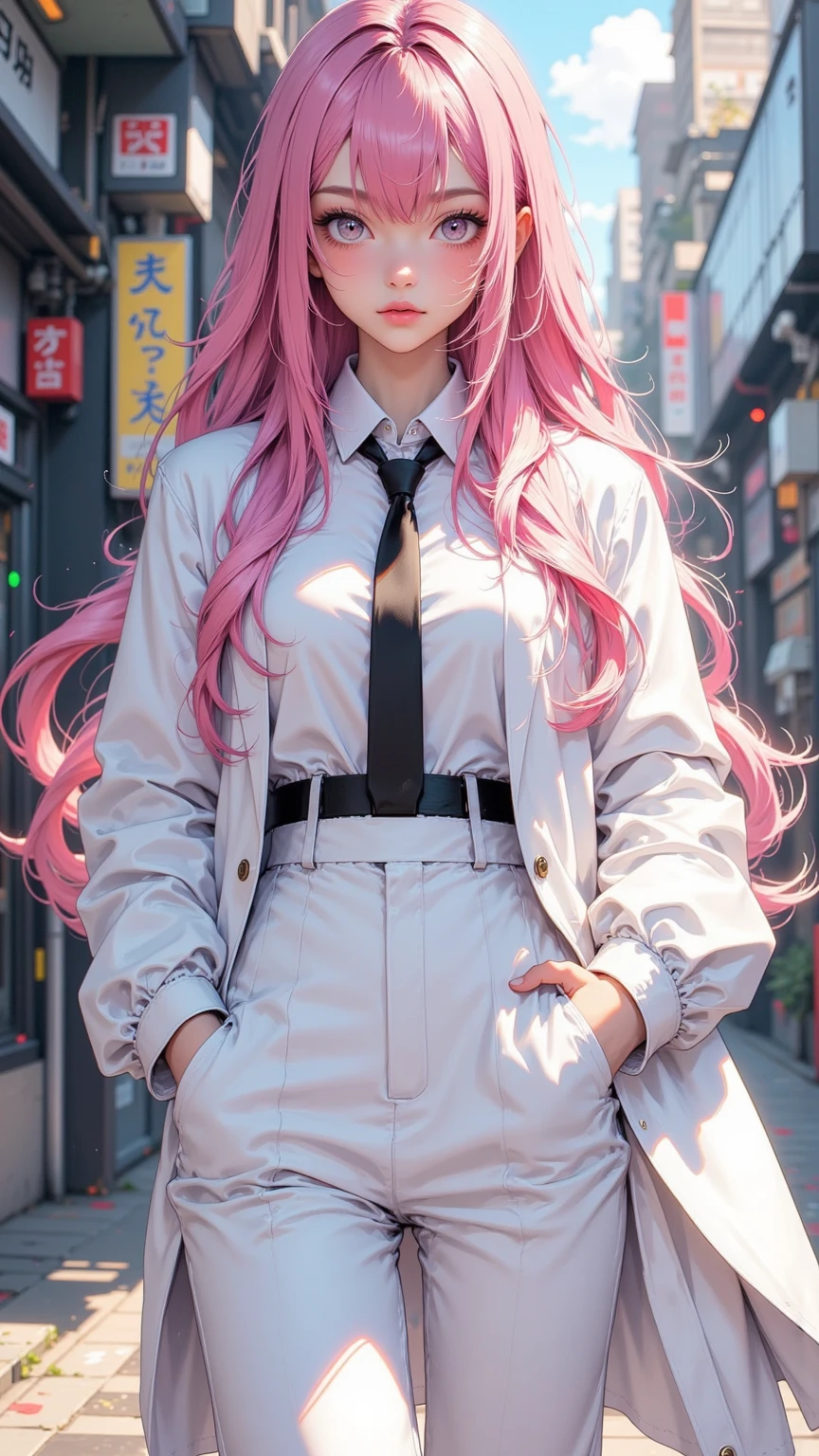 {{Reality}},{{sketch}}, {{painting}},Long hair, gradient hair color ,{{best quality}, {{masterpiece}}, {high resolution}, original, Extremely detailed wallpaper, {Extremely Exquisite Beauty},1girl,An adult lady , Extremely detailed ,Pink Hair ,Messy Hair,Handsome,{White business suit},{tie},{White Trousers}, dramatic angle ,{Magazine},depth of field,,
