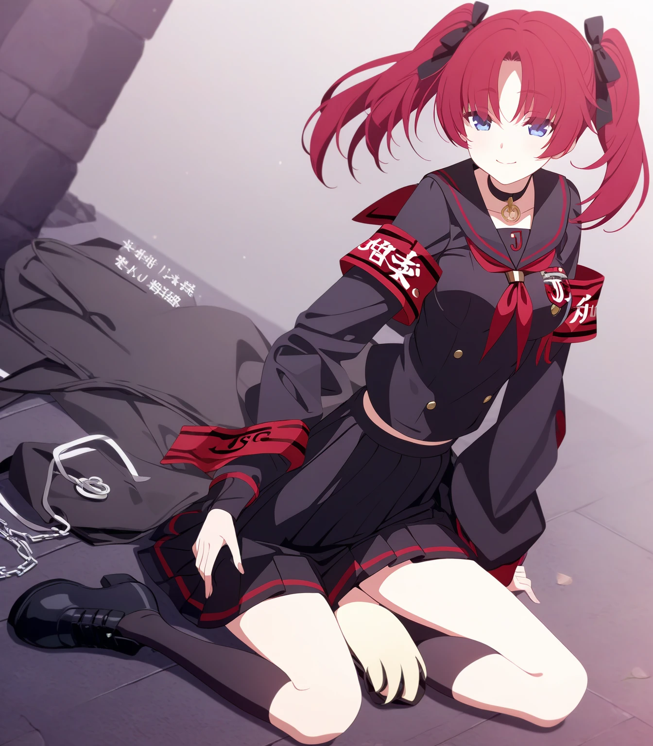 1girl、(masterpiece, highest quality),(Detailed Hair), Super detailed, Anime Style, whole body, High school girls、She wears a black sailor uniform and has milky white and red hair with short hair.、Red eyes、 Wearing long boots, Digital Painting, 8K High Resolution, whole body, White Background, Dynamic pose、Standing on the desolate land、Large Blade、Vampire Hunter、Dynamic composition、Reaper's Scythe、