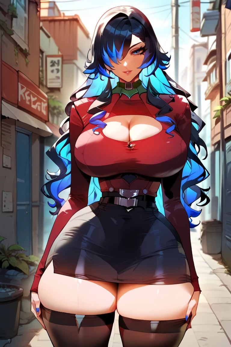 ((ultra detailed, masterpiece, absurdres)) KOFKulaD, 1girl, long hair, blue hair, red eyes, bangs,Red wine, bodysuit, gloves, zipper, overlooking the classroom from a rooftop, chic outfit, standing
