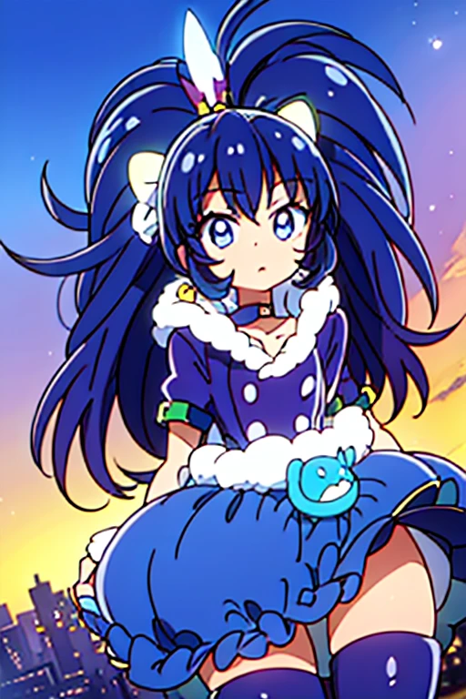 score_9, score_8_up, score_7_up, 1980's style, JK, retro, source anime, flat color, (masterpiece), (best quality), (ultra-detailed), (illustration), (an extremely delicate and beautiful). lum, 1girl, solo, (moonlight), dynamic angle, Beautiful, (nsfw:0.85), ((baby face)), (intense colors), blue hair, blue eyes, (tiny horns), pointy ears, aqua hair, eyeshadow, cute, top quality, official art, 8k wallpaper, very detailed, Figure, Little cute girl of 1 person, sparkle hair ornament, flower trim, taut dress, himejoshi, wet and messy,summer festival,lace-trimmed dress,lace bra,tsumami kanzashi, alice-type underwear, dress flower, butterfly print, print male underwear, in-universe location, see-through skirt, tail flower, chibi, teasing smile, fang, fair skin, wearing a sheer tight bodysuit, tiger-stripped kneeboots, silver choker, flirtatious smug, fang, lying on a luxurious fur rug, partially undressed, soft ambient lighting, glamorous, vibrant, masterpiece, cinematic quality, Expressiveh