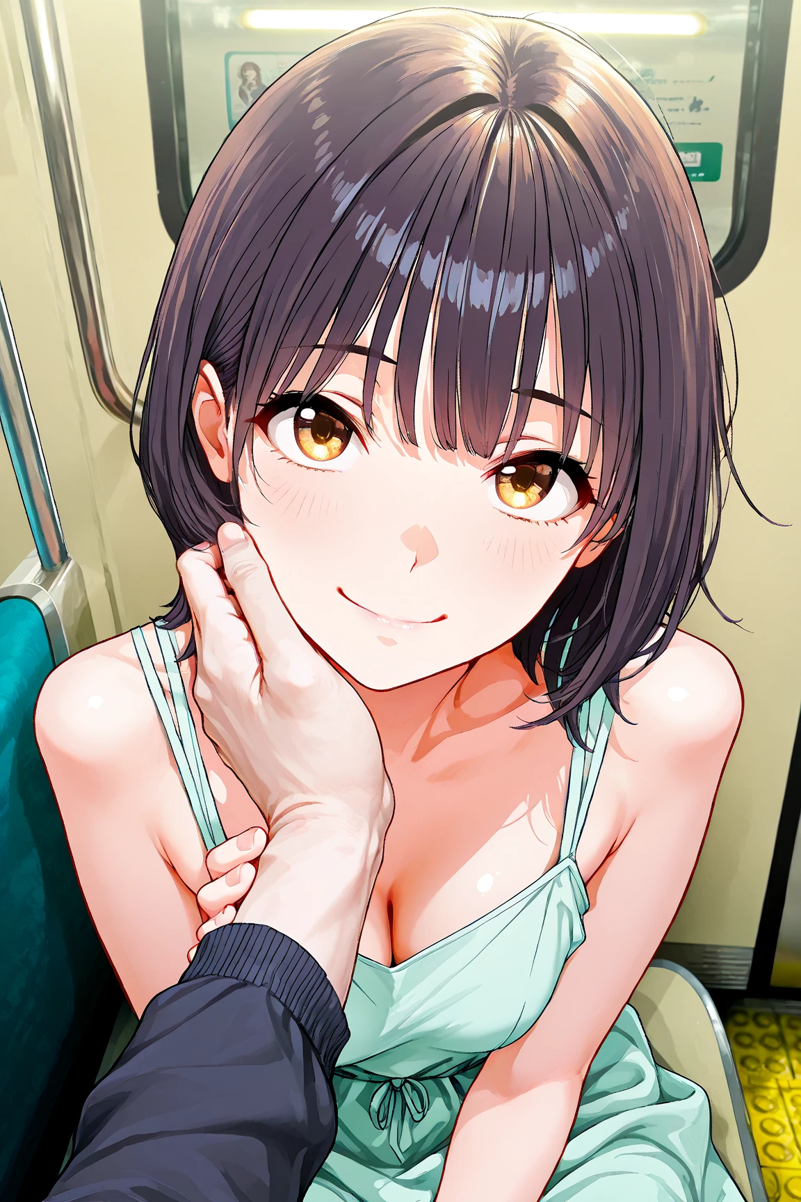 A girl with erect nipples, black short bob hair, small breasts and pale pubic hair is crying and groaning on a train while a molester forces his penis into her mouth.