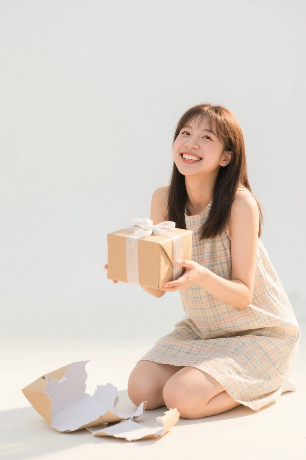 (8k, best quality, masterpiece, ultra high res, highly detailed face:1.3), portrait, (20 years old girl:1.3), beautiful, kawaii, dark hair styled in a bob, her eyes sparkling with joy as she receives a beautifully wrapped White Day gift. Her expression is one of delighted surprise, a gentle smile gracing her lips. She's holding the gift in her hands, admiring the thoughtfulness behind it. Her attire is elegant and festive, appropriate for the special occasion of White Day, reflecting her excitement and the sweet anticipation of unwrapping her present.