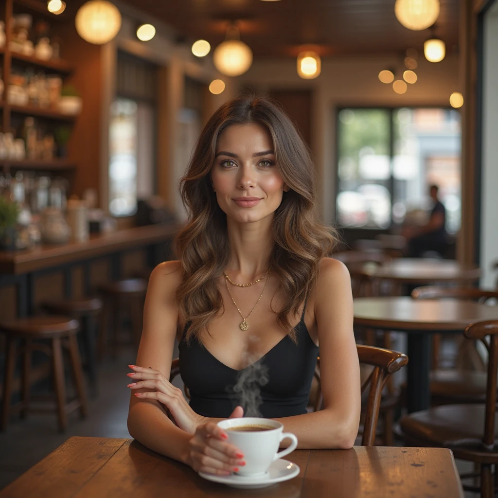 The image shows a beautiful 40-year-old woman with tanned white skin and brown hair, wearing a low-cut red tank top, sitting at a table with a cup of coffee and a cell phone, sitting in a cafe, 45-year-old woman, drinking coffee, woman drinking coffee, drinking coffee, sitting at a table, breakfast in Olímpia São Paulo, sitting alone in a cafe, in a coffee shop, sitting at a mocha-colored table, 35-year-old Brazilian mother. She is wearing a low-cut red tank top.

She is about 40 years old, 165 cm tall and weighs 56 kg. Woman with tanned white skin and dark brown hair. Slim body, thin waist. Highly realistic skin, very elaborate and perfect face. She has a perfect mouth, a perfect face. Slim body, thin waist. Highly realistic, hyperrealism, highly elaborate skin, perfect face. Sharp photo, high resolution, high quality, masterpiece, 16K photo, high contrast, ((Masterpiece, best quality)), full body view, detailed skin, highly detailed, cinematic lighting, ultra realistic, dark brown hair, medium hair, portrait, full body view, contrast, close-up, cinematic light, ultra high resolution, RAW.

Highly realistic, hyperrealism, highly crafted skin, sharp photo, high resolution, high quality, masterpiece, 16K photo, high contrast, masterpiece, nude, naked, NSFW.