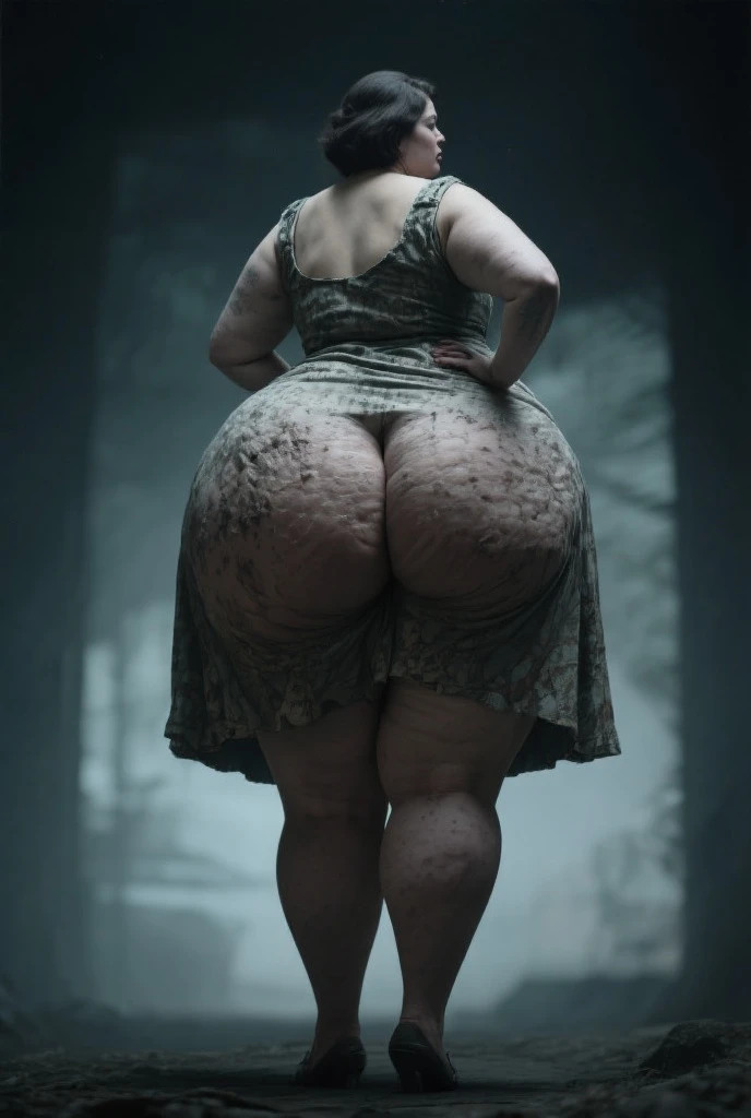 full body image,chubby young teenage girl,fat young teenage Plus Size white,overweight,18 Years,big bust,black hair With Curls, provocative smile,nude,rear view with legs apart,bendig over Bright spreading legs,sunny day, Clear day, Bright day, on the edge in a rocky valley with trees in the background,ground level shot, 8K resolution,Full Body,scene seen from behind,Back View.
