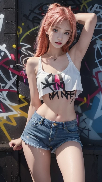 masterpiece, best quality, 1 girl, alone, crop top, Denim shorts, collar, (Graffiti:1.5), paint splatter, Put your arms behind your back, against the wall, looking at the audience, armband, thigh strap, Apply to body, head tilt, boring, colorful hair, aqua eyes, earphone,
