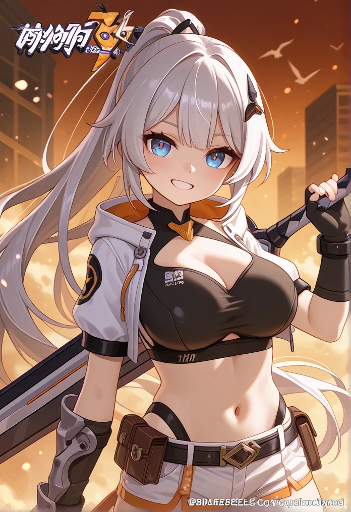 rsilver hair, folded ponytail, backlighting, from above, high details, textured skin, ((super detail)), (masterpiece), highres, best quality, Female ninja, ninja costume, black cloth, mesh chest, (holding a short sword), late night, kneeling