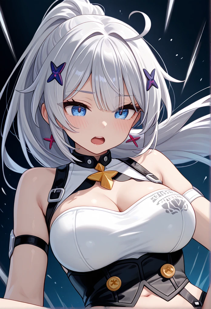 ((NSFW)) ((highest quality、High resolution、ultra detailed face, 8K、masterpiece:1.8))、dynamic angle、full body view 、wallpaper、1 girl、unparalleled beauty、ultimate beauty、super detailed face、delicate eyes、blue eyes, seductive smile、sexy look、shirtlift tease, looking at the camera、Depth of bounds written、light particles、side light、ponytail、silver hair、white hoodie、black panties, cute panties, cropped hoodie underboob, Exposed underboob, huge breasts, white stockings, Sneakers、slim、slender、Street park ,