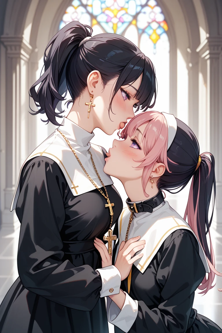 Masterpiece, best quality, , 2 girls, lily, (kiss:1.4), (french kiss), blush, eyes closed, (tongue), (saliva), (groping), hands on chest, tongue sucking, sweat, monk, sisters, church, glasses, girl, hands in monastery clothes, touching breasts,