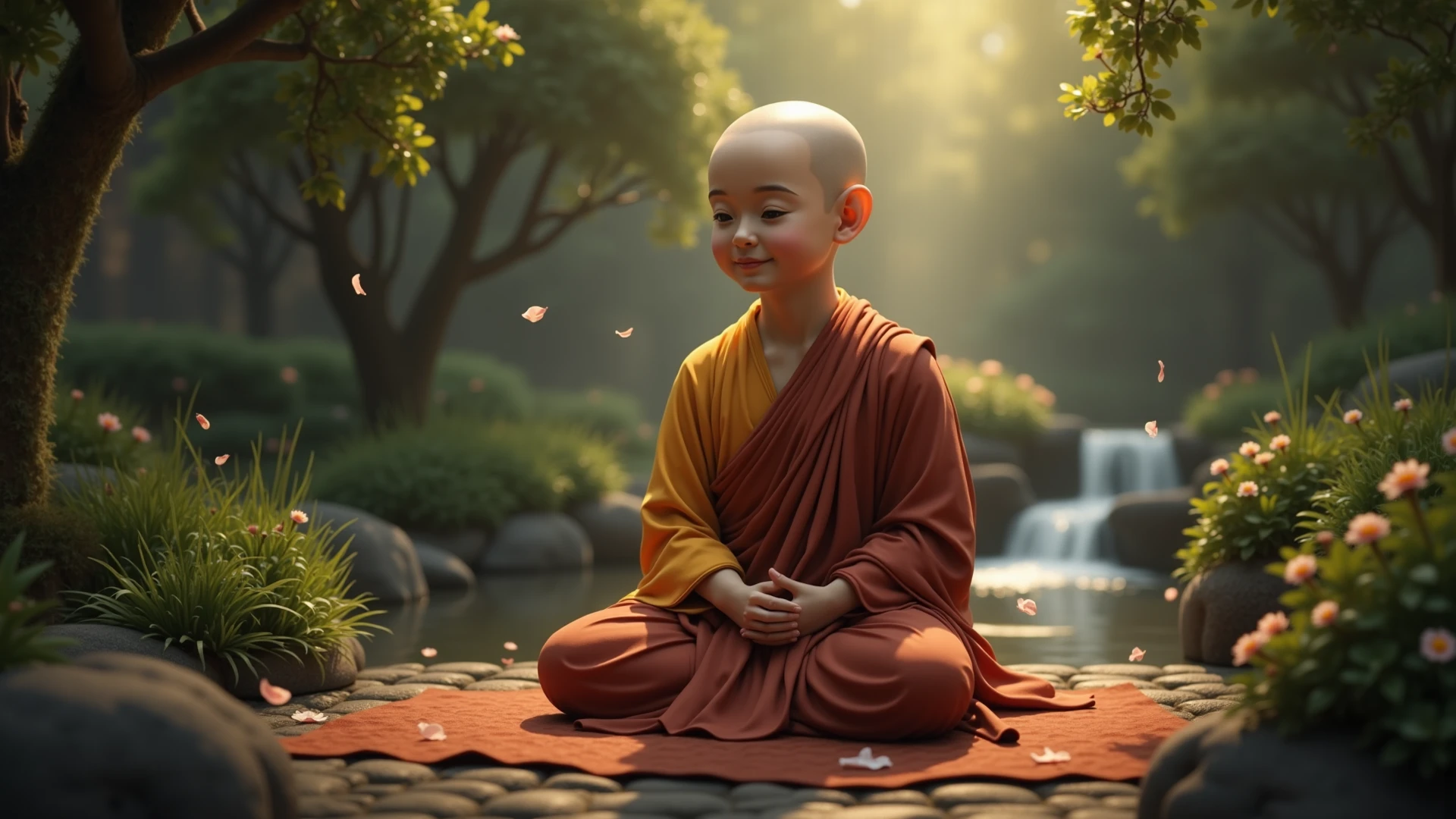 highest quality、highest quality、realistic、unity、8k wallpaper、official art、Highly detailed CG unity 8k wallpaper、super detailed、High resolution、Physically based rendering、super detailed,grow, finely,one boy monk, (no hair), (eyes closed:1.1), (meditating), slim face, boy monk, highly detailed face, fine eyes, view, blurred background, (Front view:1.3), (Monk's robes:1.3), (Sit and meditate in lotus pose:1.3), (Stay away from the camera), (front facing the camera), frontage, slim face, In the rainy forest, professional lighting, (illuminate the face:1.3)