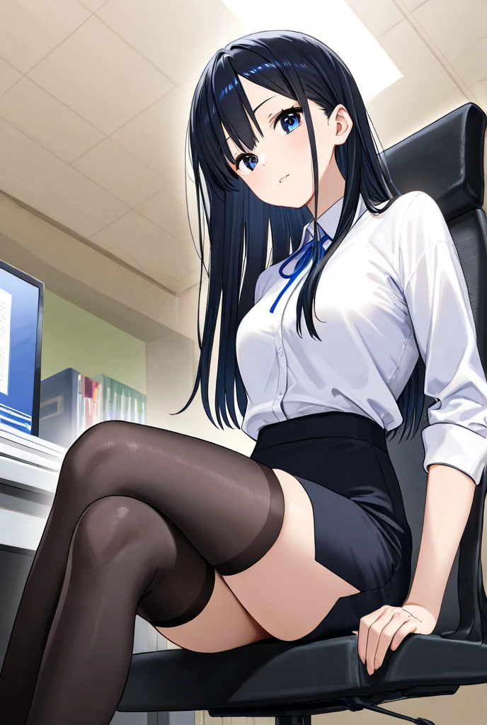 (1) A woman sits alone in an office chair, her skirt is short、Red panties are almost visible. Her legs are closed, but you can see the ▽ zone between her skirt and thighs..
(2) woman is wearing a black blazer, Inner: black tight skirt and white V-neck T-shirt.
(3) that woman has long black hair.
(4) She is 28 years old, mature, and smiling.
(5) The location is the office.