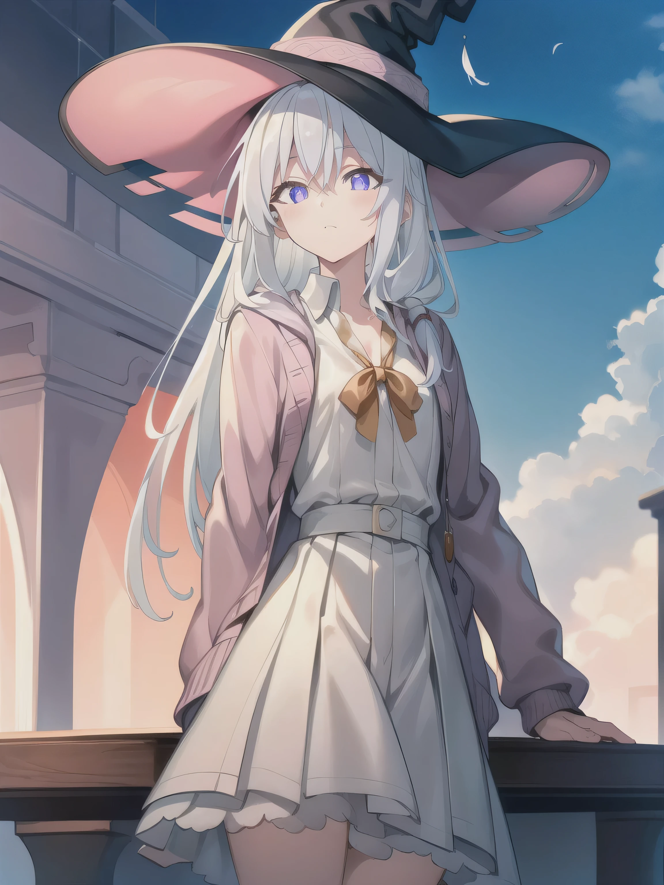 White hair, long hair,( purple eyes:1.5), (big :1.2),
1 Girl, school uniforms, flat chest, outdoor,wind, Game CG Break,,( masterpiece), (best quality), (ultra-detailed), Very beautiful, Newest, Beauty illustration,super fine skin, shiny skin, ( masterpiece), (best quality), (ultra-detailed), Very beautiful,New, Newest, ,hi ,absurdity of feather_,2023,2024, milk,Digital Media (artworks), REAL LIGHTING , 4K, 8,000,white dress , white shirt, Seto Fuku,Low-cut,Cardigan, close his eyes ,THIS IS THE HIGHEST QUALITY, high resolution, Unity 8k壁纸, (illustration:0.8), ( beautiful and detailed eyes :1.6), very detailed face , perfect lighting, Extremely Fine CG, (perfect hands, Perfect Anatomy ),Wizard Hat,